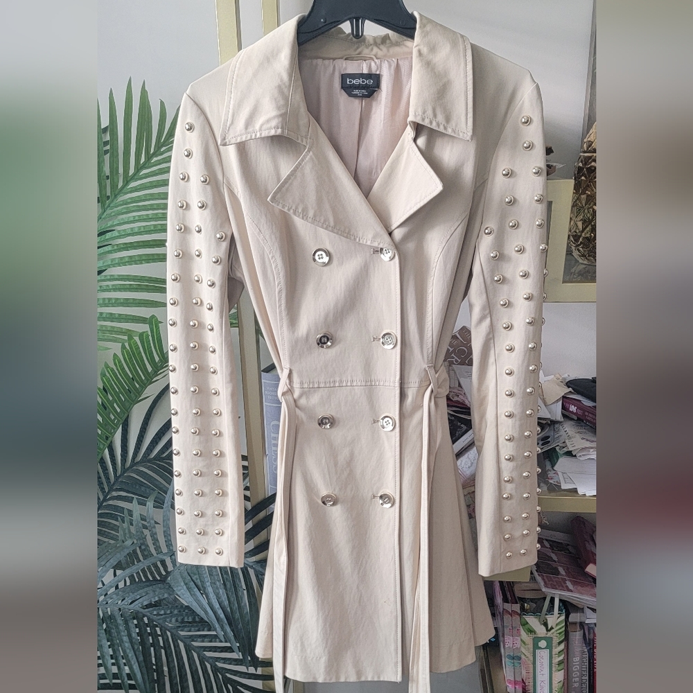 BEBE Gold Studded Tan Trench Coat - Women's Size Medium